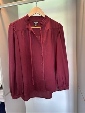 DKNY Burgundy Ruffle-Neck Button Front Blouse